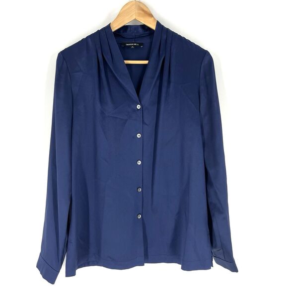 Lafayette 148 New York Top Size 6 Blue Silk Satin Blouse Button Up Career Pleat - Picture 1 of 7